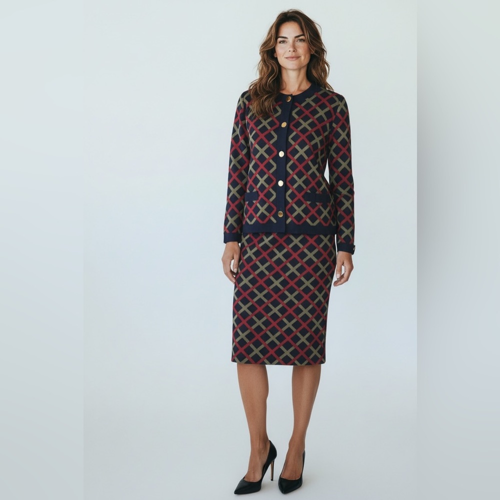 Bill Blass Studio Vintage Navy and Red Plaid Skirt Set